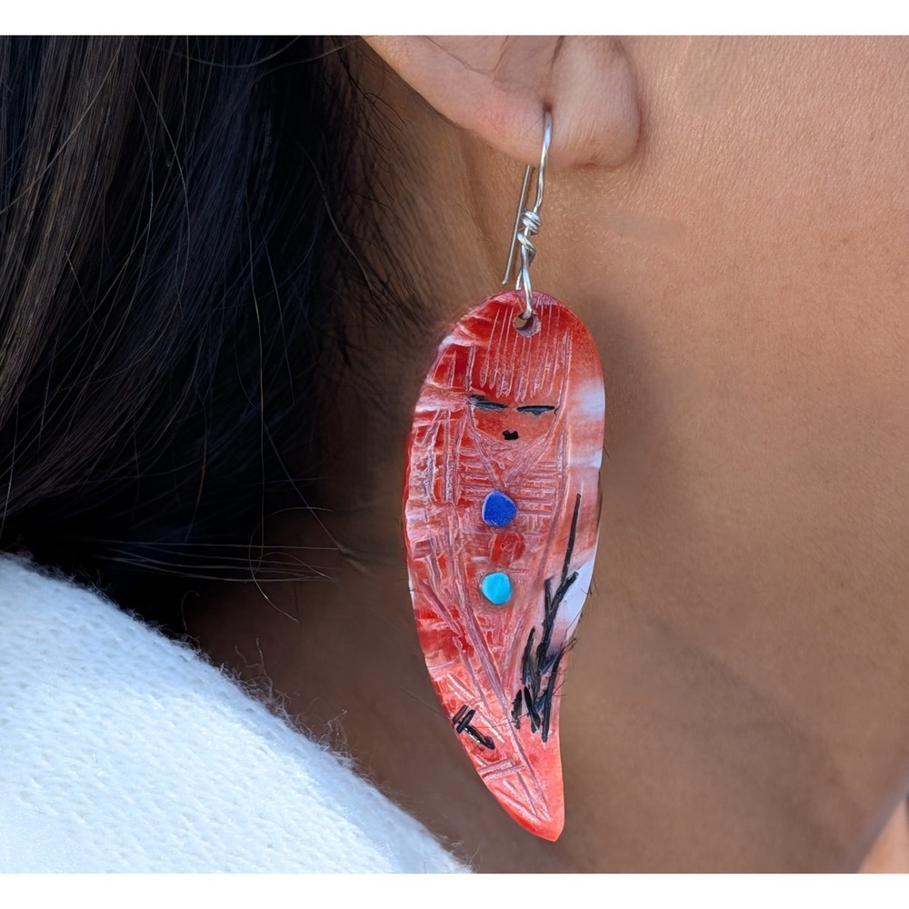 Handmade Native American Earrings Kachina Shell Zuni Pueblo Art by G. Chattin **
